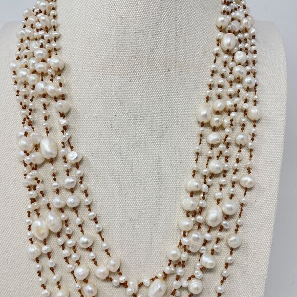 Multistrand‎ Pearl String Necklace Boho Coastal Classic - Picture 3 of 12